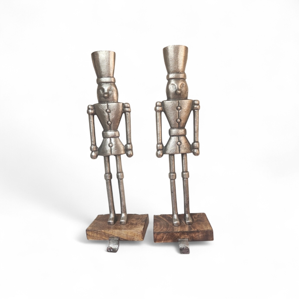 Rustic Cast Iron Nutcracker Stocking Holders With Wood Base 15.5"H